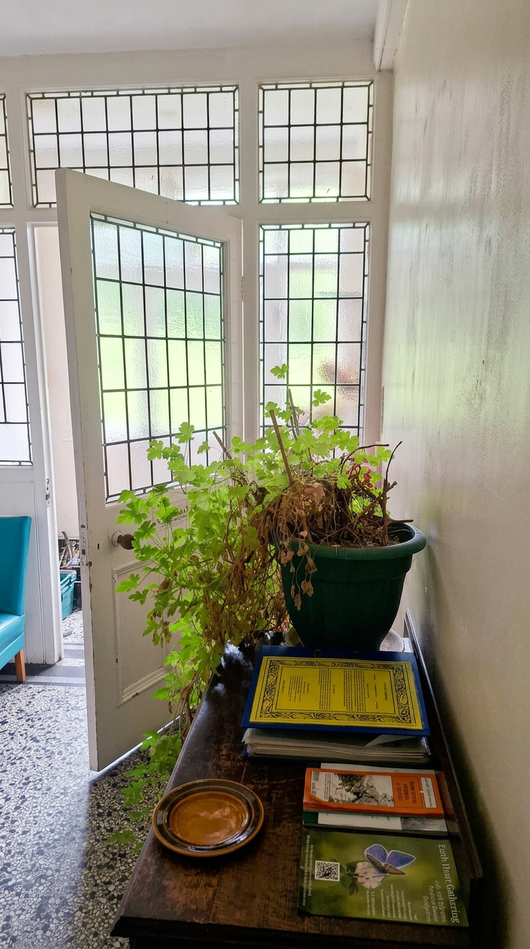 Entrance hallway with leaded glass doors and a geranium