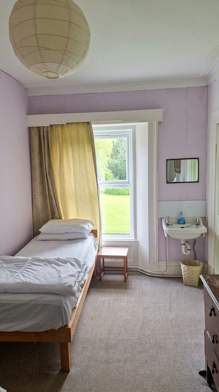 Single bedroom with lilac walls and a garden view