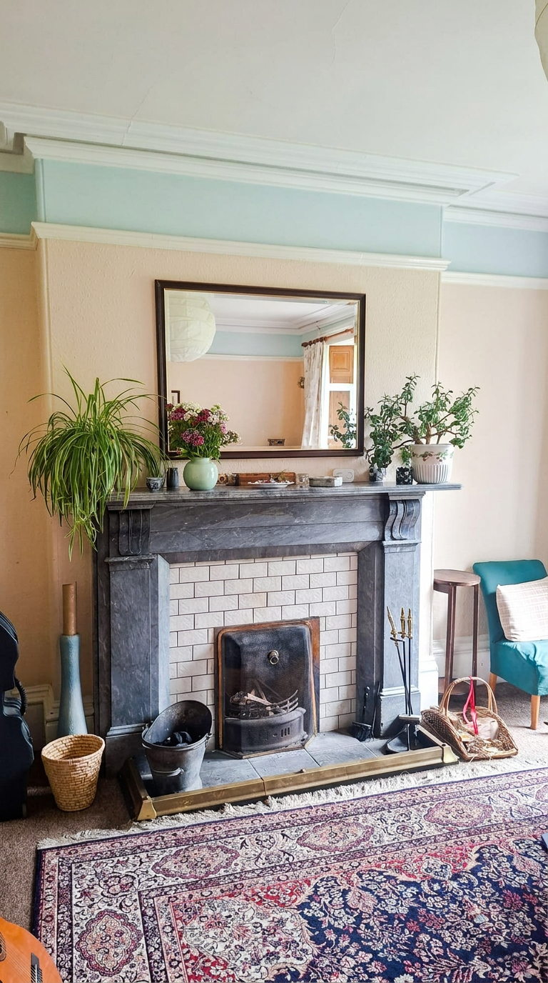 Sitting room with marble fireplace, mirror and houseplants