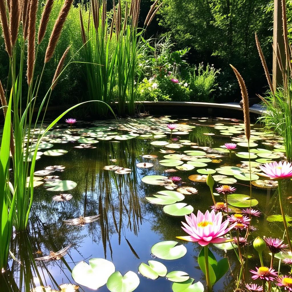 Wildlife pond with water lilies and reeds